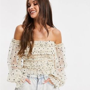 Lace and Beads Bardot polka dot mesh shirred crop top - ASOS exclusive